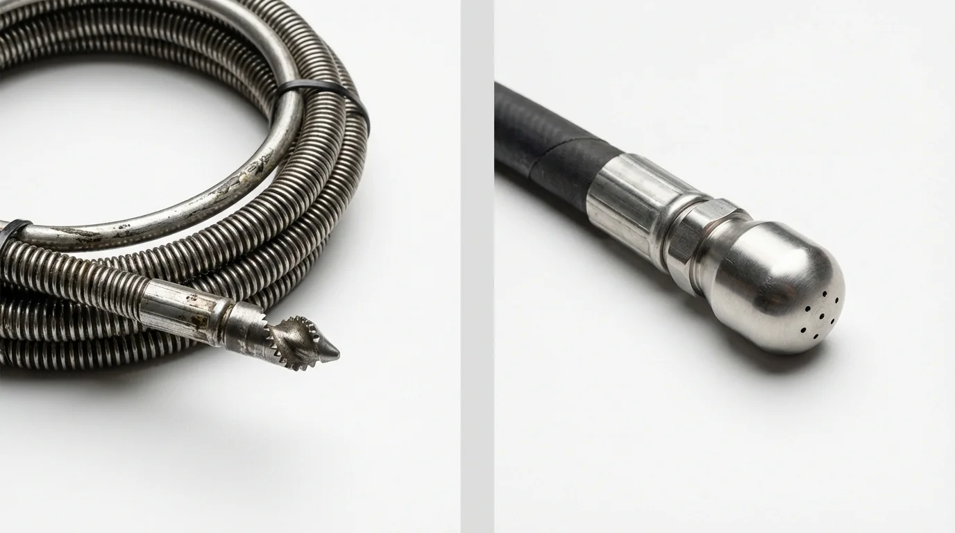 Drain snake cable and hydro jetting nozzle used for drain cleaning in Wellington, UT