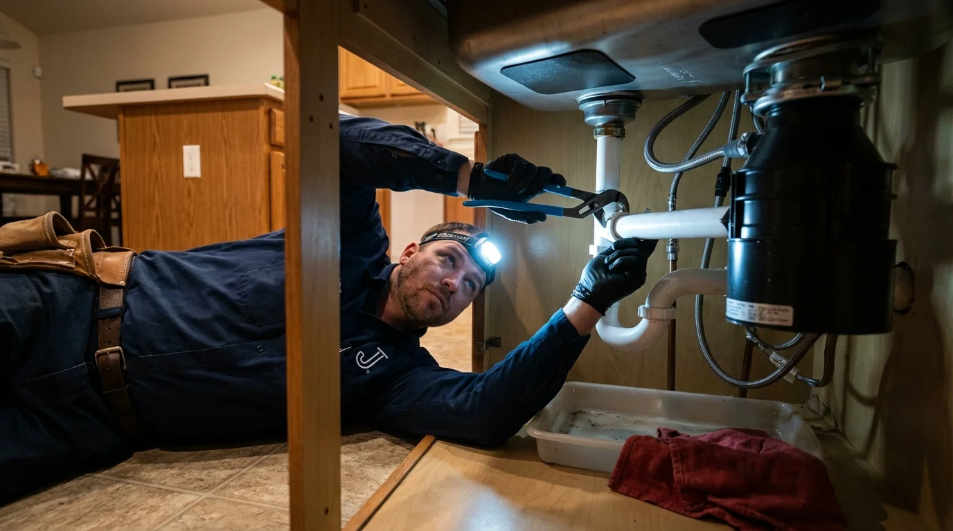 P-trap and supply line connections under a kitchen sink showing a common leak point in Wellington, UT